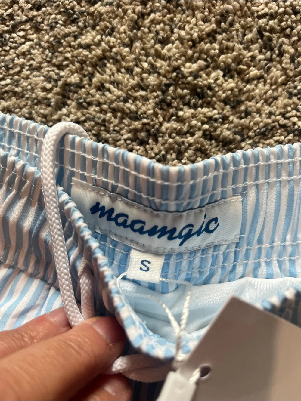 Men's Light Blue & White Striped Swim Trunks with Drawstring